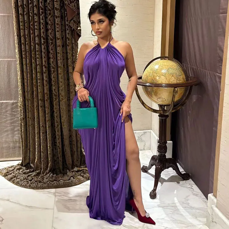 

Sexy Halter Backless Party Long Dresses for Woman Elegant Night Out Club Sleeveless Pleated Loose High Split Prom Maxi Dress