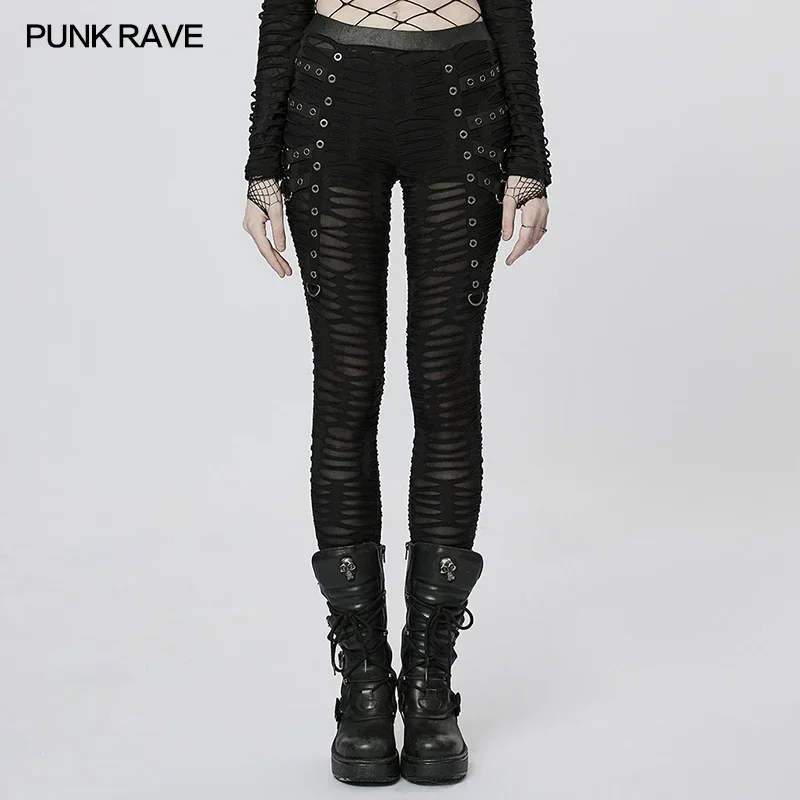 PUNK RAVE Women\'s Gothic Decayed Slim-fit Leggings Punk Meta Eyelets Webbing Personality Thin Black Pants Spring/summer