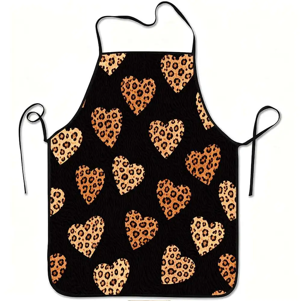 Leopard Heart Print Apron with Adjustable Straps Durable Polyester Cooking Apron for Home Kitchen and Holiday Parties