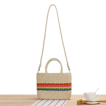 다채로운 여름 틈새 무지개 색상 차단 Crossbody 밀짚 직조 가방 해변 휴가 여성을위한 휴대용 가방