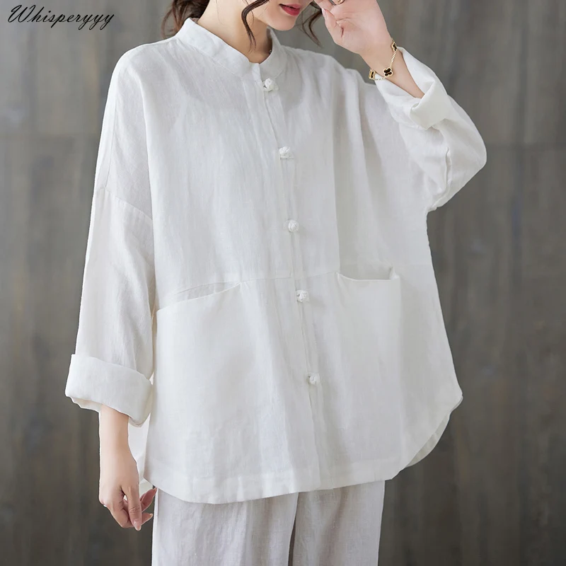 Spring National Style Cotton and Linen Tops Chinese Literary and Vintage Shirt Jacket White Traditional Costume Women