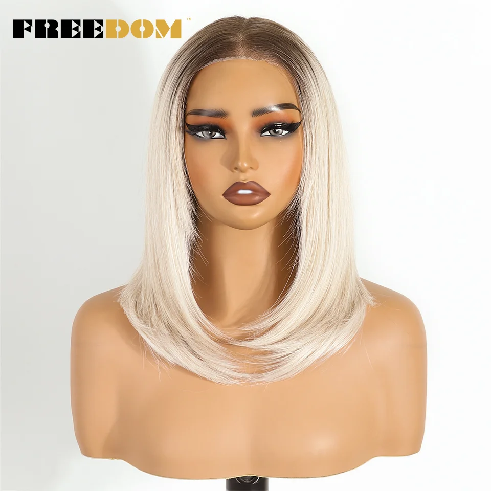 FREIHEIT Synthetische Lace-Front-Perücken für Frauen, kurzer Bob, geschichtet, gerade, 6 x 4, Wear And Go, leimlose Perücke, Ombre, vorgezupfte Spitzenperücken – Detail 2