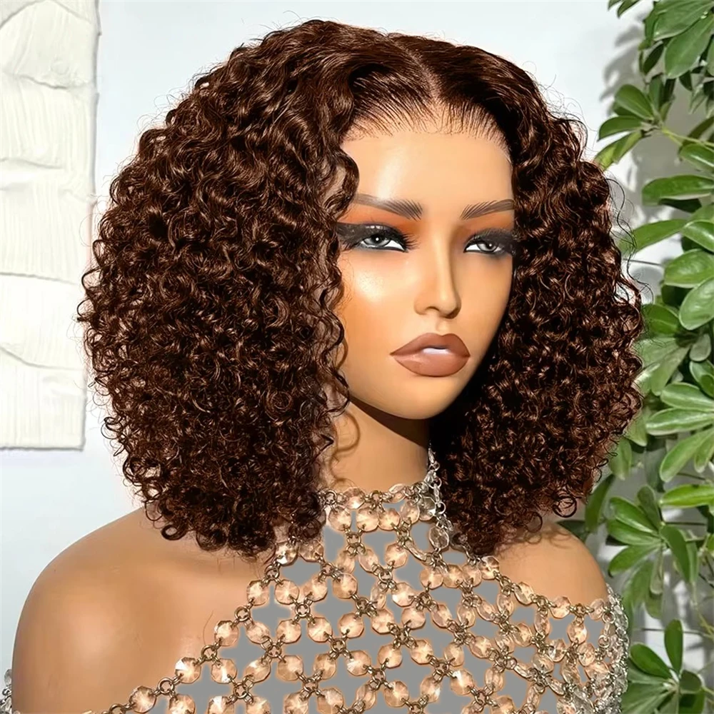 Chocolate Brown Deep Wave BOB Wigs For Black Women Human Hair 13x4 Full Lace Frontal Short Curly Dark Brown Lace Front BOB Wigs Human Hair Pre Plucked Glueless #4 Colored 14 Inch