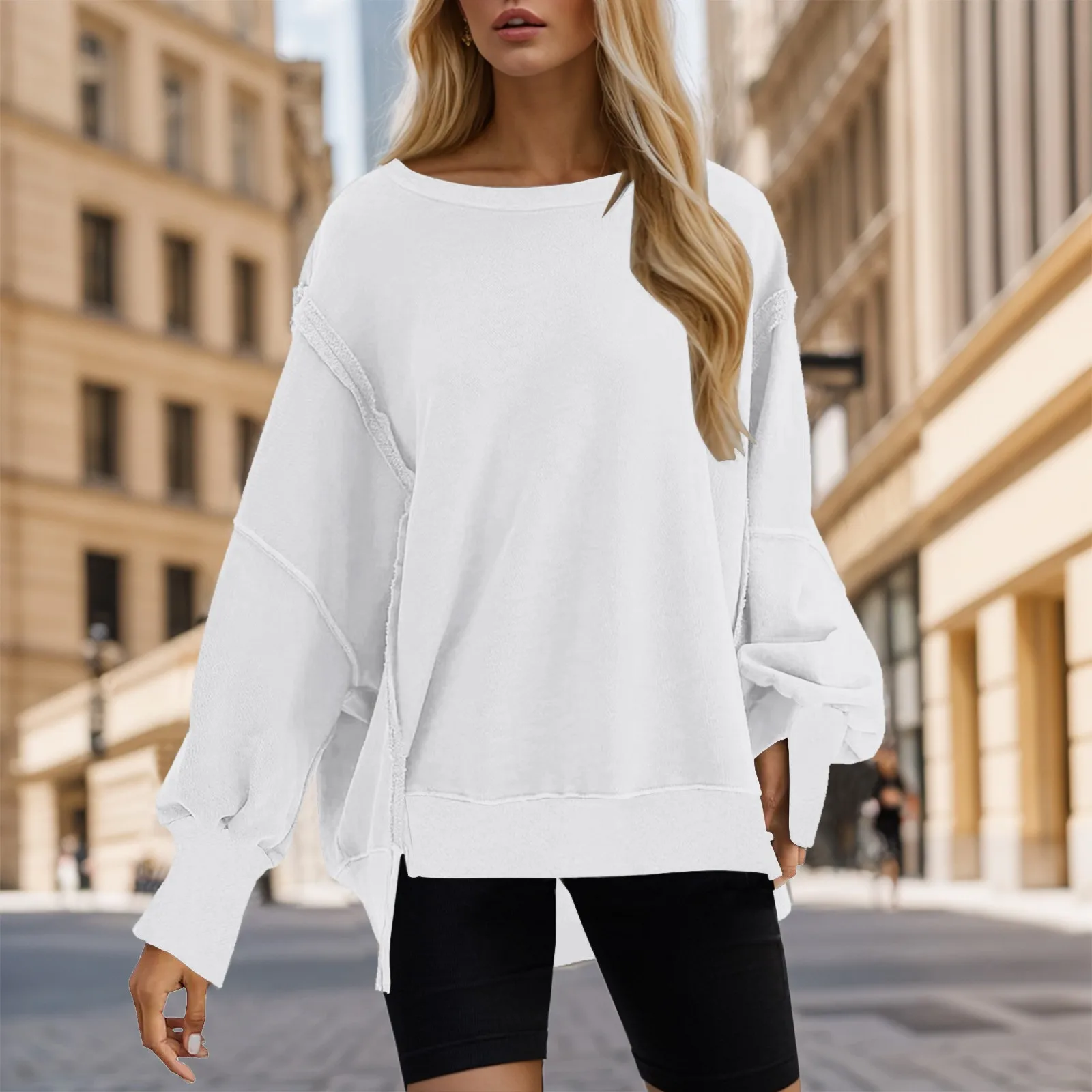 Felpa quotidiana da donna Girocollo oversize Tinta unita Pullover casual Top Mujer Split Manica lunga Primavera Autunno T-shirt