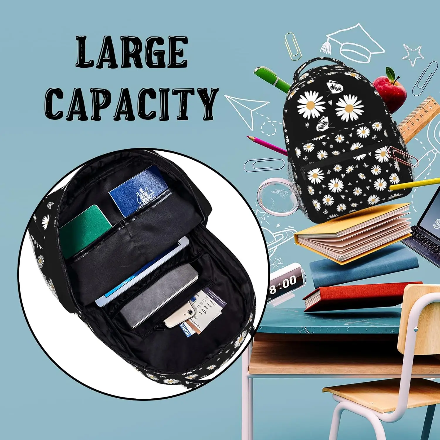 حقيبة ظهر مدرسية مطبوعة على شكل زهرة الأقحوان حقيبة كتب على شكل زهرة الأقحوان حقيبة كتب سوداء للفتيات حقيبة ظهر مطبوعة بالزهور للفتيات الابتدائية