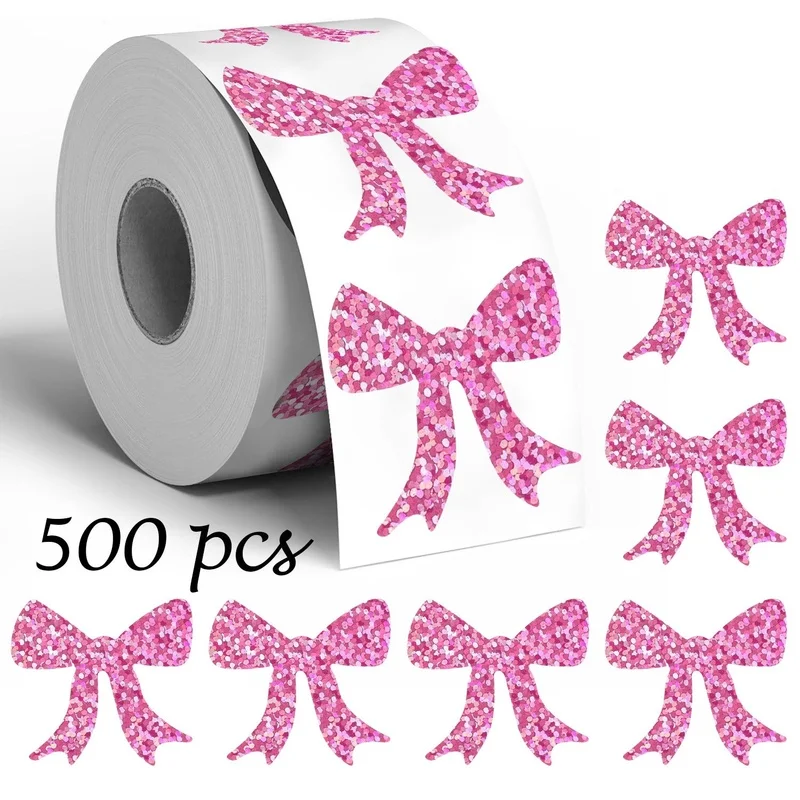 500Pcs/roll Pink Glitter Bow Sticker Sparkly Ribbon Decal Self-Adhesive Label for Gift Wrapping Scrapbooking Party Favor Craft