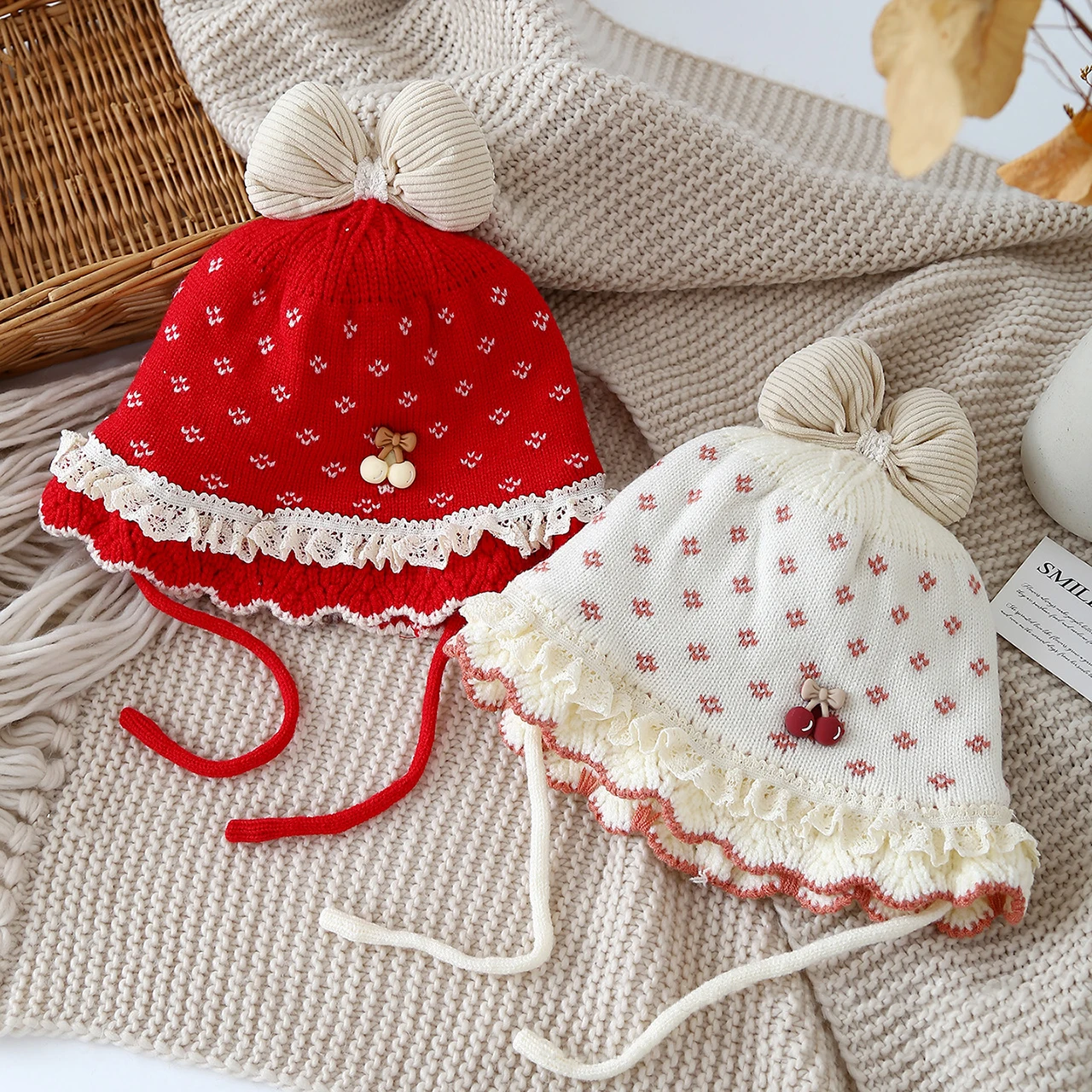 

Baby Lace Ruffle Woolen Cap Princess Knitted Basin Hat Sweet Bow Girl Beanies Winter Warm Children Pullover Caps Crochet Bonnet