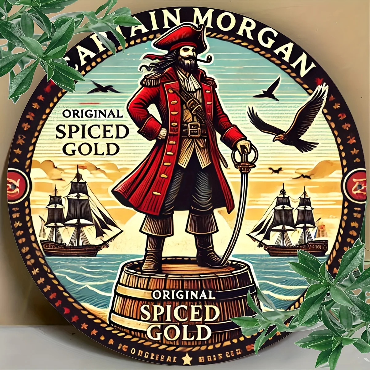 علامة نقش من رقائق الألومنيوم المستديرة الذهبية المتبلة الأصلية من كابتن مورغان، ديكور جداري متعدد الأغراض للمنزل والبار
