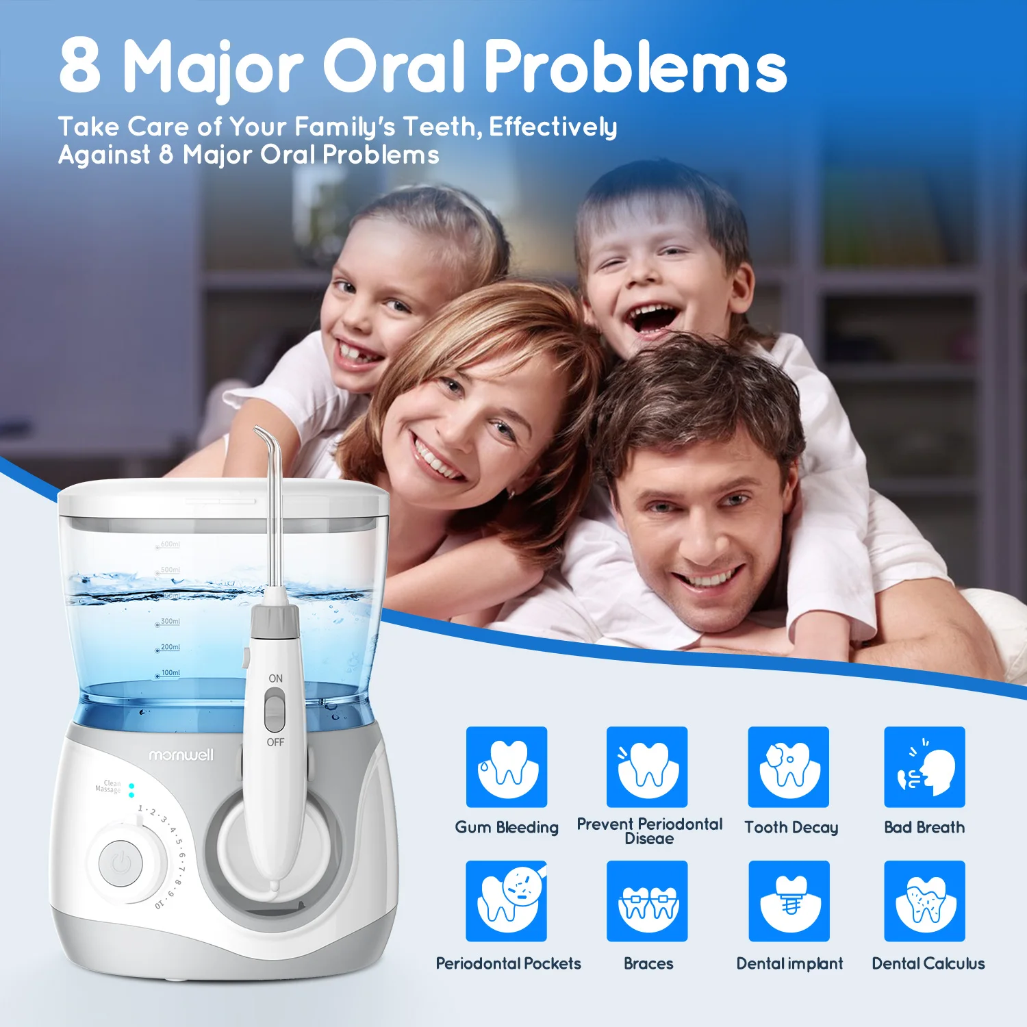 Home Water Flosser, 600 ml Large Capacity,10 Adjustable Pressures,6 Home Nozzles Professional Oral Irrigator for Teeth Clean