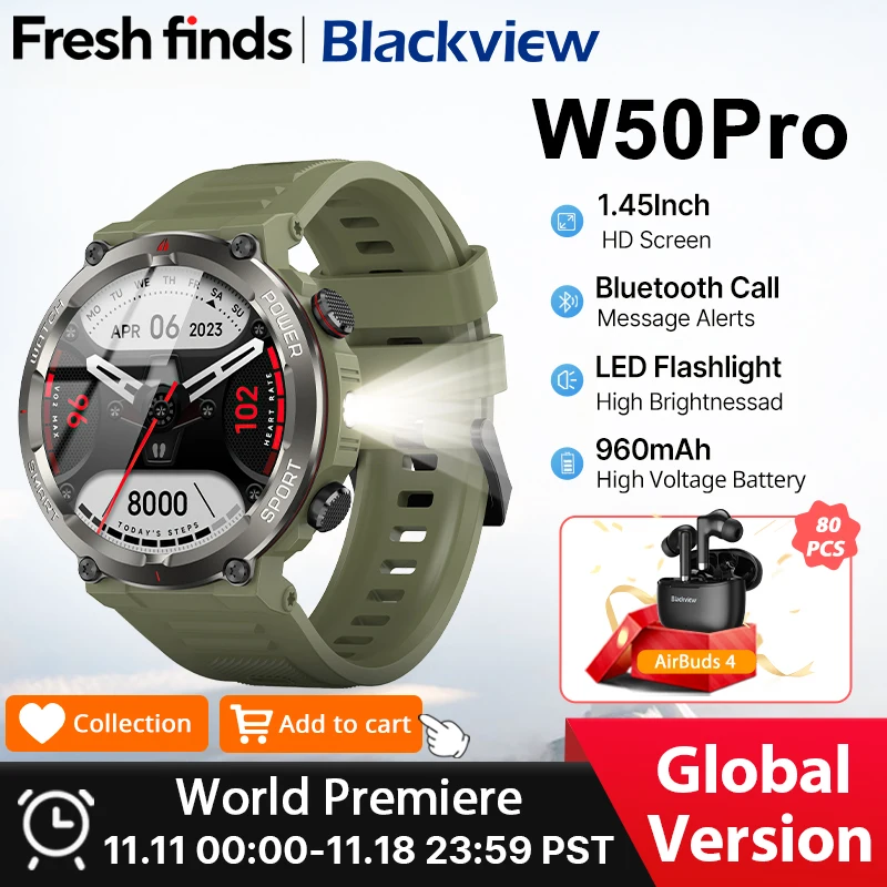 

[Мировая премьера] Blackview W50 Pro Smartwatch 1,45-дюймовый TFT-дисплей IP68 Bluetooth Телефонные звонки Прочный аккумулятор 960 мАч Smartwat