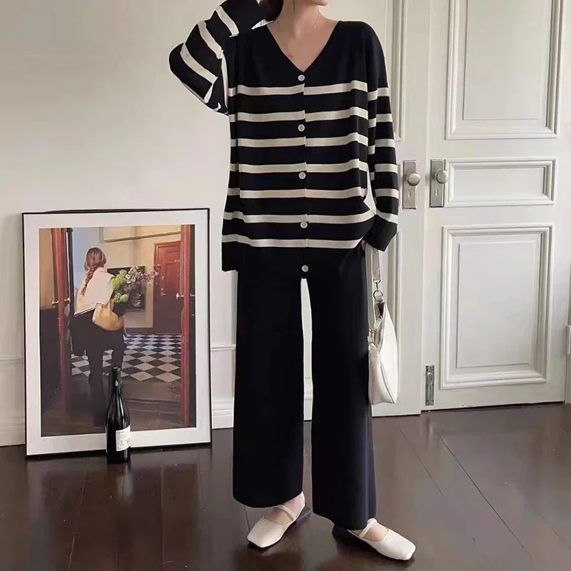 EVNISI Women 2 Piece Striped Long Sleeve Buttons Up Cardigan Top and Pants Set Casual Loose Women Outfit Fall Winter Office Set