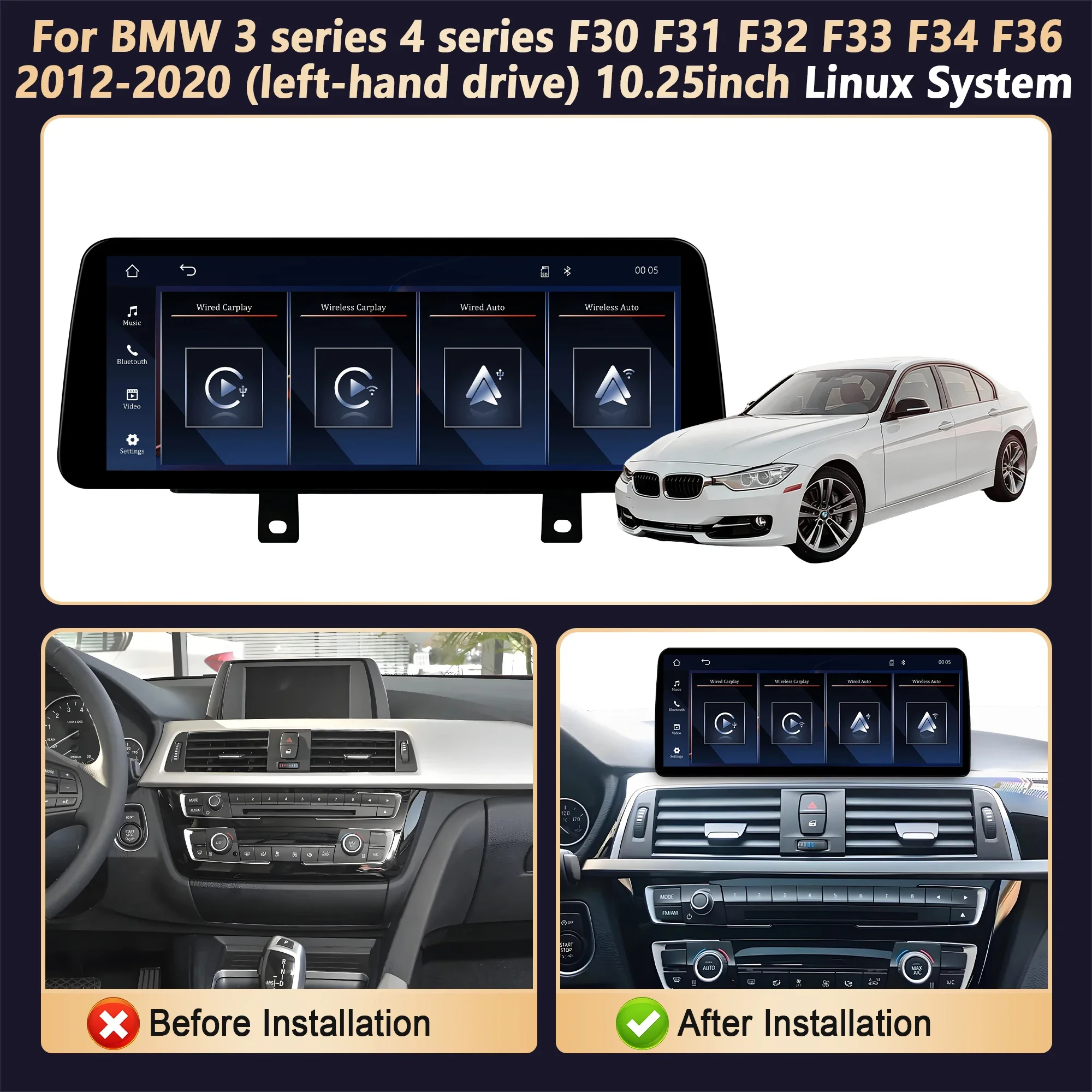 Linux Multimedia Screen for BMW 3 Series 4 Series F30 F31 F32 F33 F34 F36 2012-2020 Left Hand Drive Wireless Carplay Feature