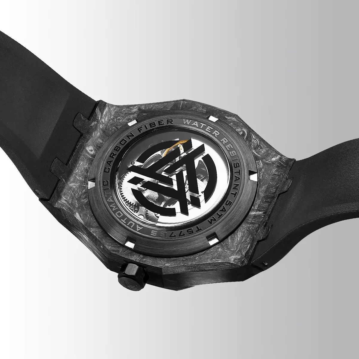 TIMETOKEN Skeleton Automatic Watch Men Forged Carbon Octagonal Case Luminous Waterproof Orange Rubber Sport WristwatchReloj T577