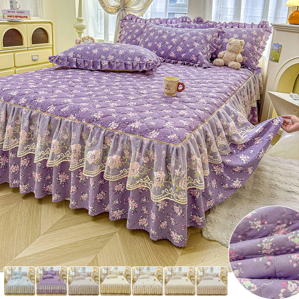 

Thickened Bed Skirt Printed Floral Bed Sheets with Lace Decor Quilted Mattress Protector Skin-friendly Bedspread Faldón De Cama