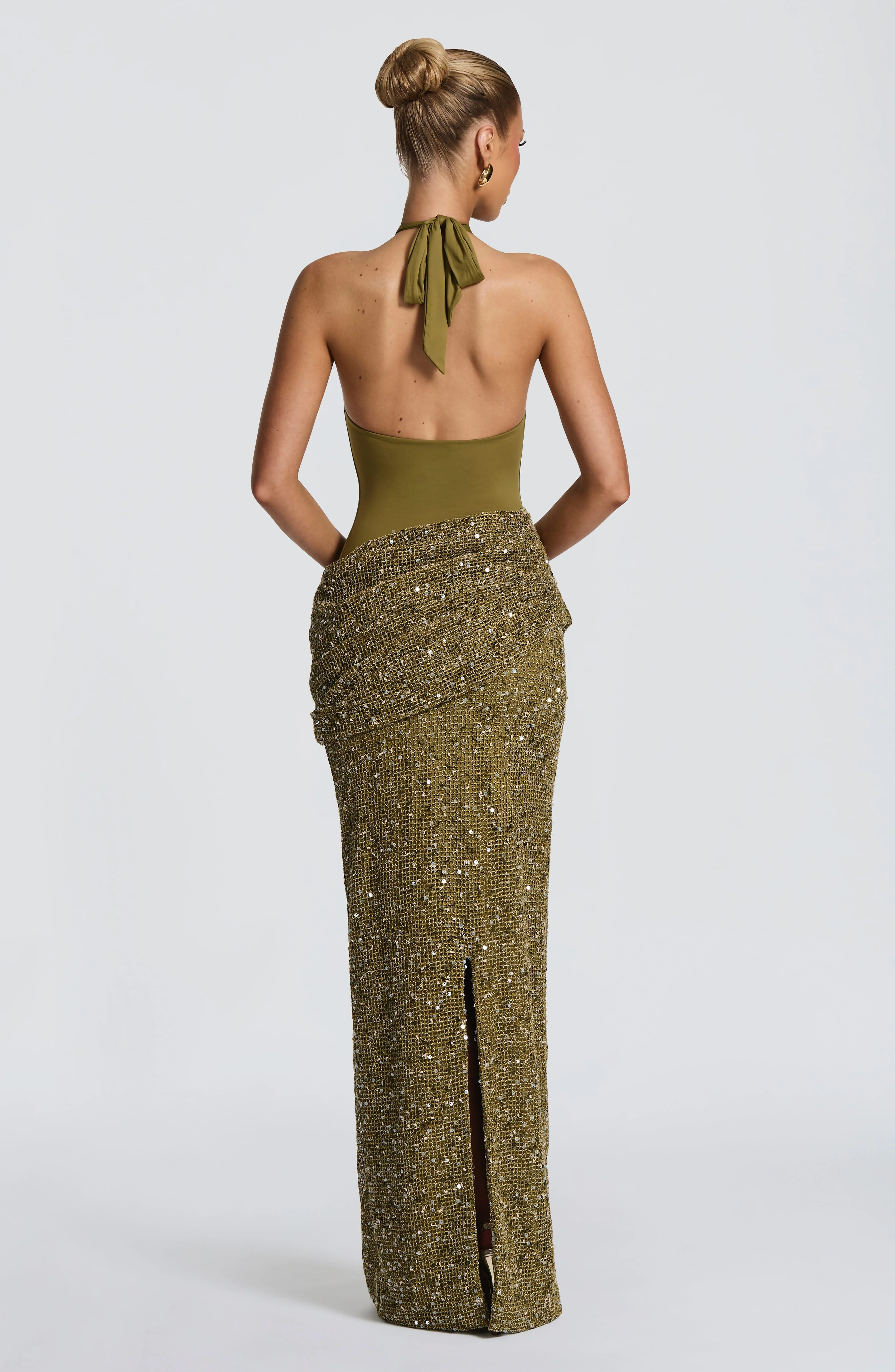 Vestido Largo de Noche con Lentejuelas y Cuello Halter para Mujer, Estilo Sirena, Drapeado y Fruncido, Elegante para Invitadas de Boda y Fiestas Formales