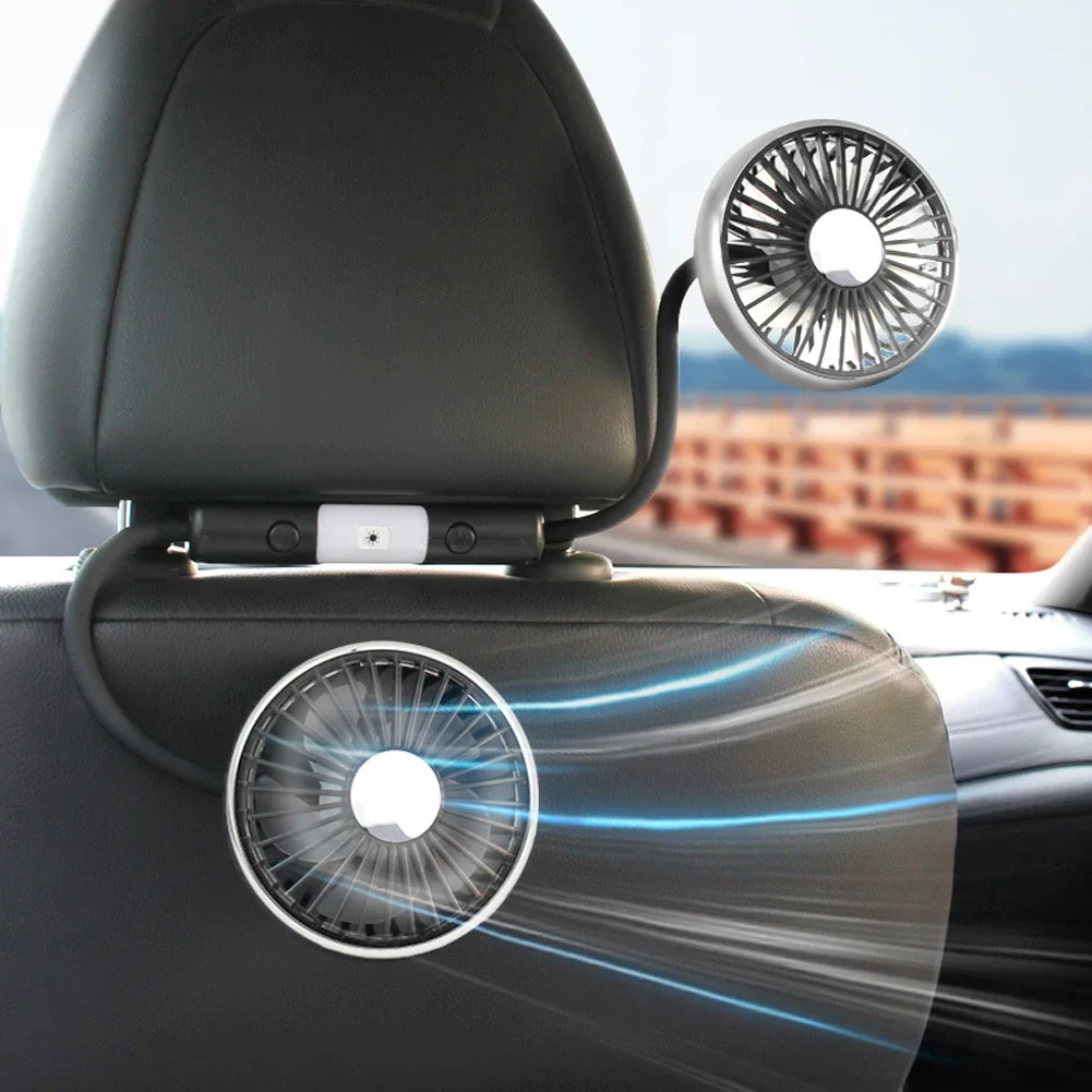 Car Seat Back Cooling Fan with Light 360 Rotation Auto Headrest Ventilation Fan Dual Head Fan Type C Powered for Vehicles SUV RV