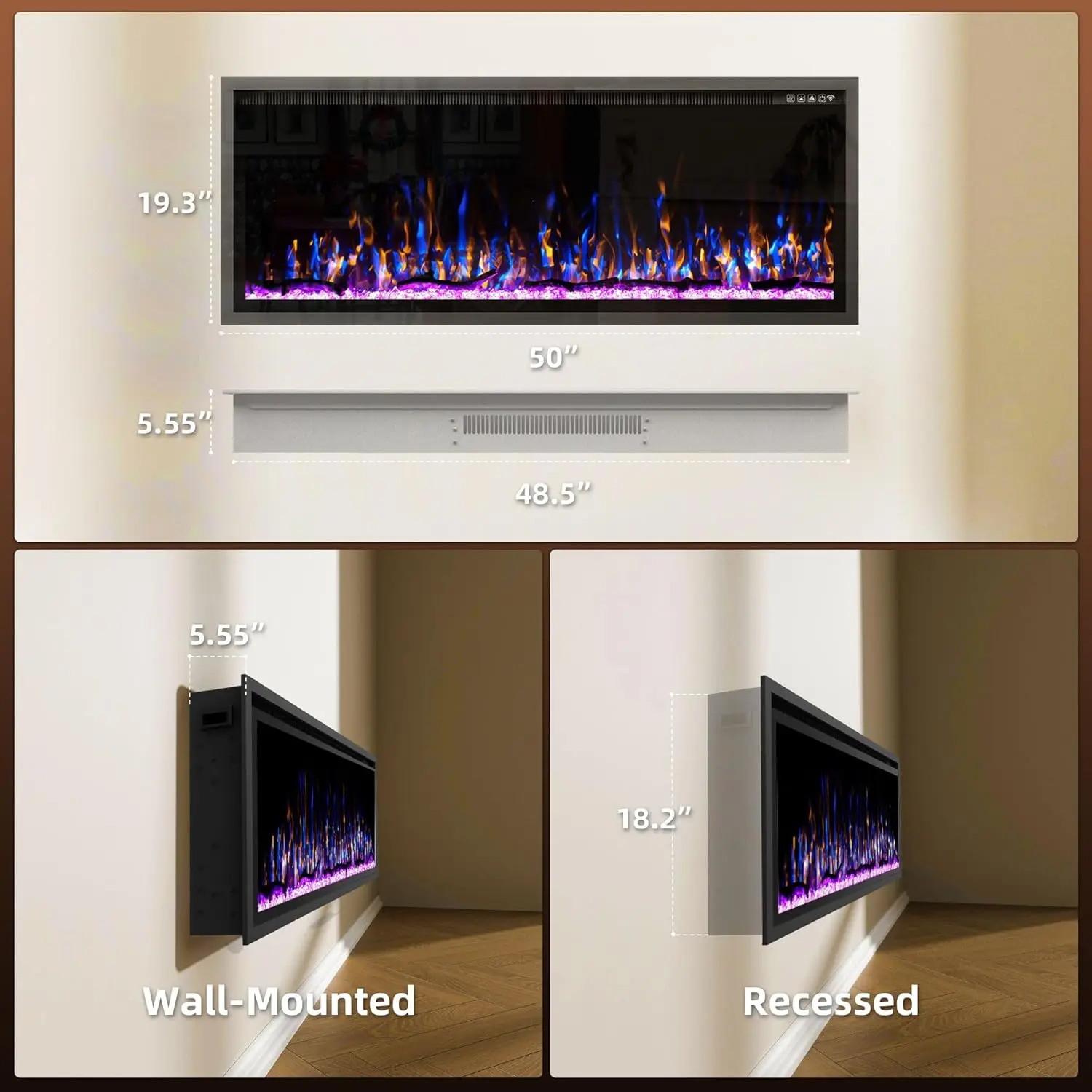 50 Inch Electric Fireplace, Recessed Wall Mounted Linear Fireplace, Tempered Glass Heater with Remote Control, Log & Crystal