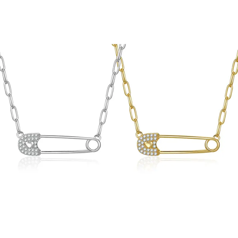 

Изящное ожерелье-цепочка из стерлингового серебра 925 пробы с подвеской в виде булавки и цирконами, позолоченное, высшего качества, для женщин, с регулируемой цепочкой