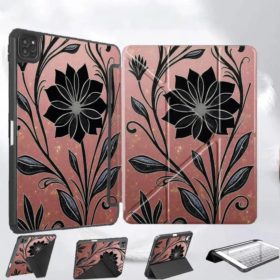 

Elegant Black Flower Print Tablet Case For iPad Air 4 5 M3 M2 M4 11inch Pro 2025 Mini 6 7 Pro 11th 10th 9th 8th 7th 12.9inch