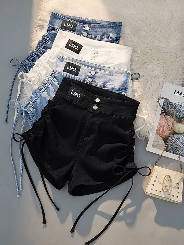 High Waist American Retro Drawstring Denim Shorts Women Summer New Style Casual A-Line Hot Pants plus Size Wide Leg Zipper