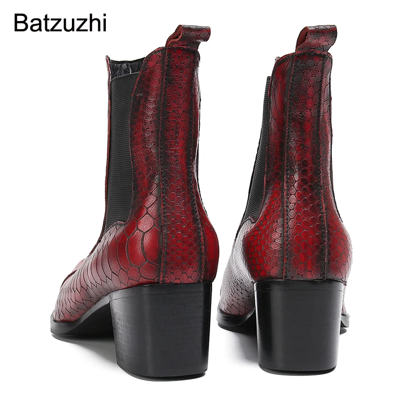 Batzuzhi Men's Boots New Handmade Pointed Toe Snake Pattern Leather Ankle Boots for Men Slip on Party, Business Botas Hombre