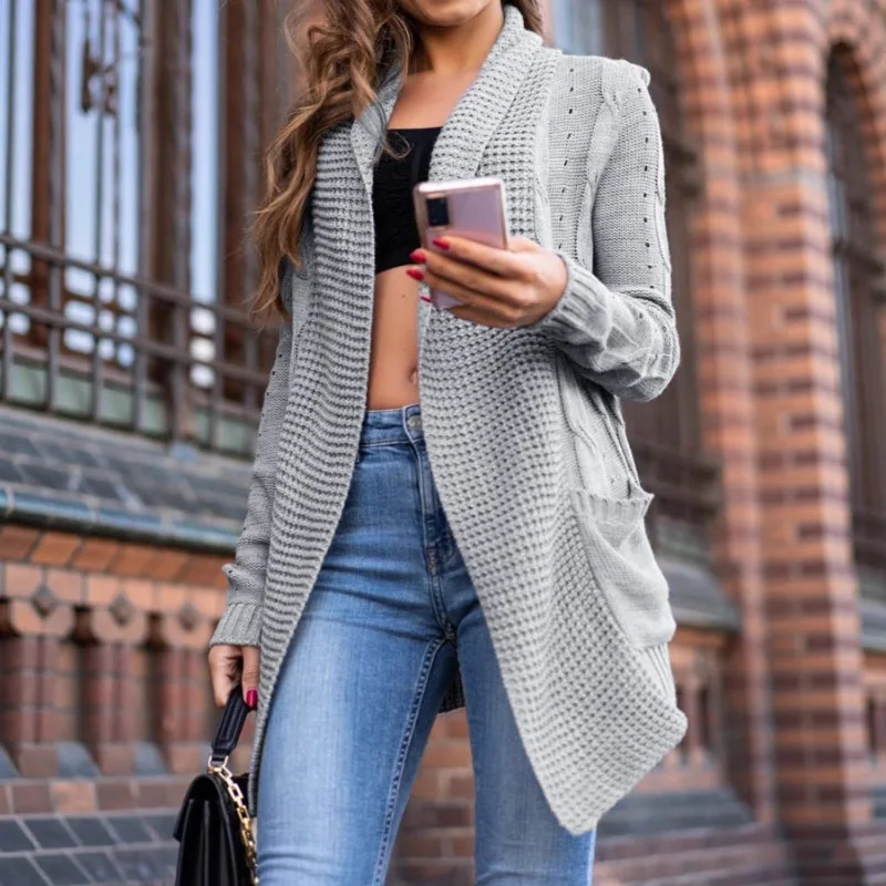 เสื้อสเวตเตอร์ผู้หญิงสีพื้นสำหรับฤดูใบไม้ร่วงและฤดูหนาว แฟชั่นลำลอง แขนยาว ไม่มีกระดุม