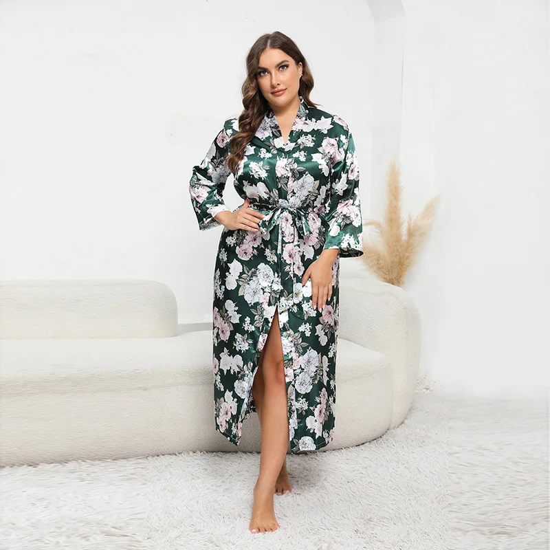

Autumn new simulation silk satin large size nightgown bathrobe homewear long sleeve XXXXL high-end temperament elegant classic w