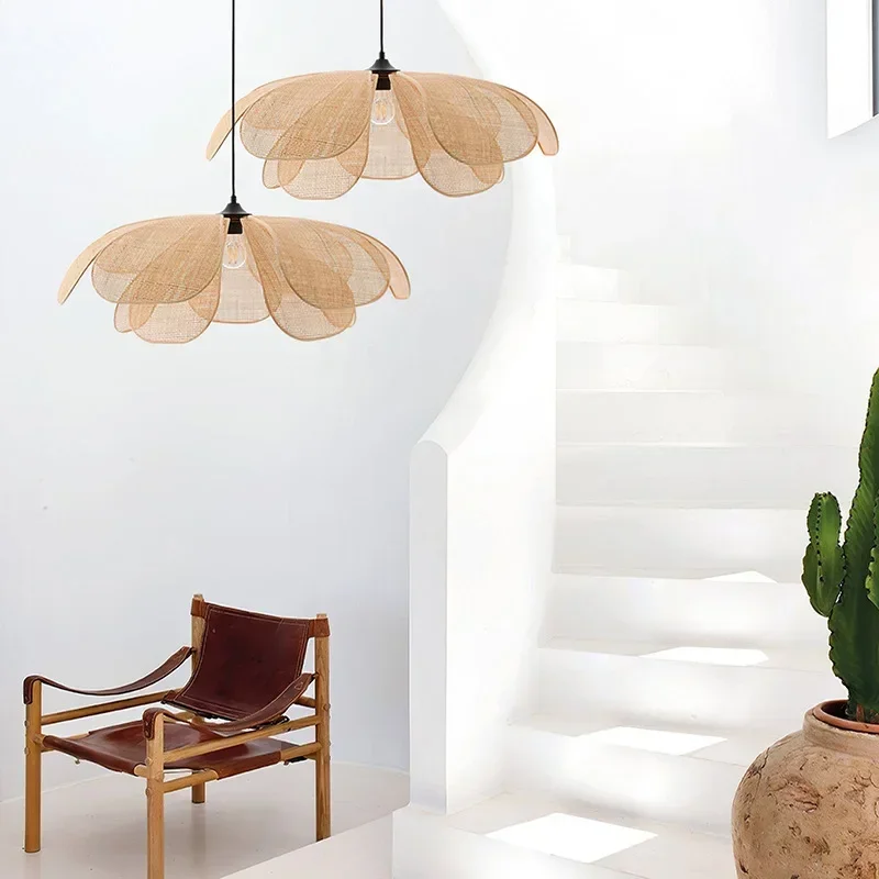 Japanese Petal Pendant Light Ratten Ceiling Chandelier Suspension Hanging Lamp for Living  Dining Room Bedroom