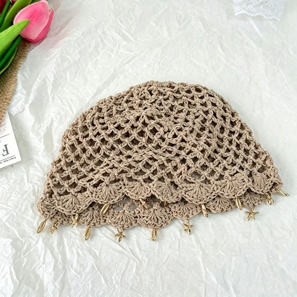 New Bohemian Crochet Beret Hat Pentagram Fringed Woven Pullover Hat Hollowed Out Breathable Mesh Knitted Hat Women
