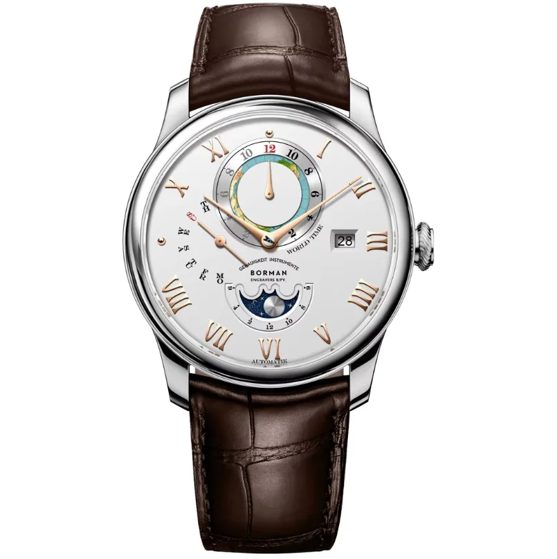 BORMAN Men Automatic Watch 40mm Mechanical Wristwatch Waterproof Sapphire Mirror Multi-Dials Month Week Date 24 Hours Sun-moon