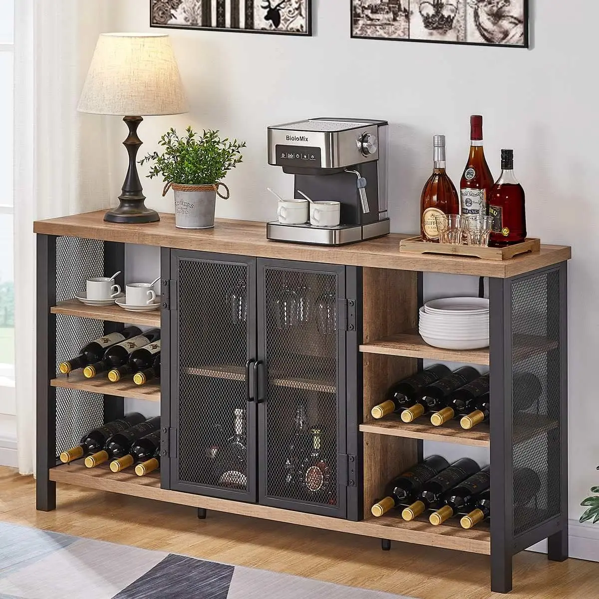 FATORRI Industrial Wine Bar Cabinet for Liquor and Glasses, Farmhouse Wood Coffee Cabinet with Wine Rack, Metal Sideboard