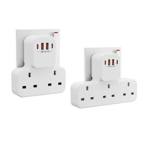 3250W Uk Ac Plug Power Strip Electrical Wall Mounted Outlet Multitap Network Filter with 2 Usb-A 2 Usb-C Charging Adapters
