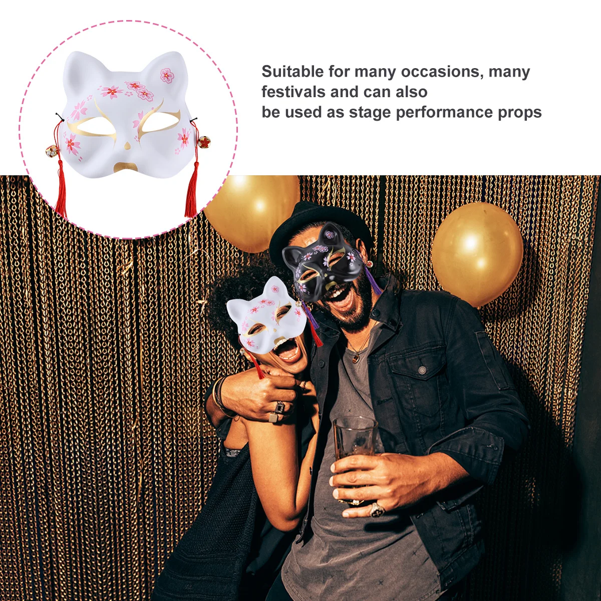

2pcs Japanese Cat Mask Cherry Blossoms Painted Masquerade For Halloween Carnival Party Cosplay Face Piece Dress Up Headwear