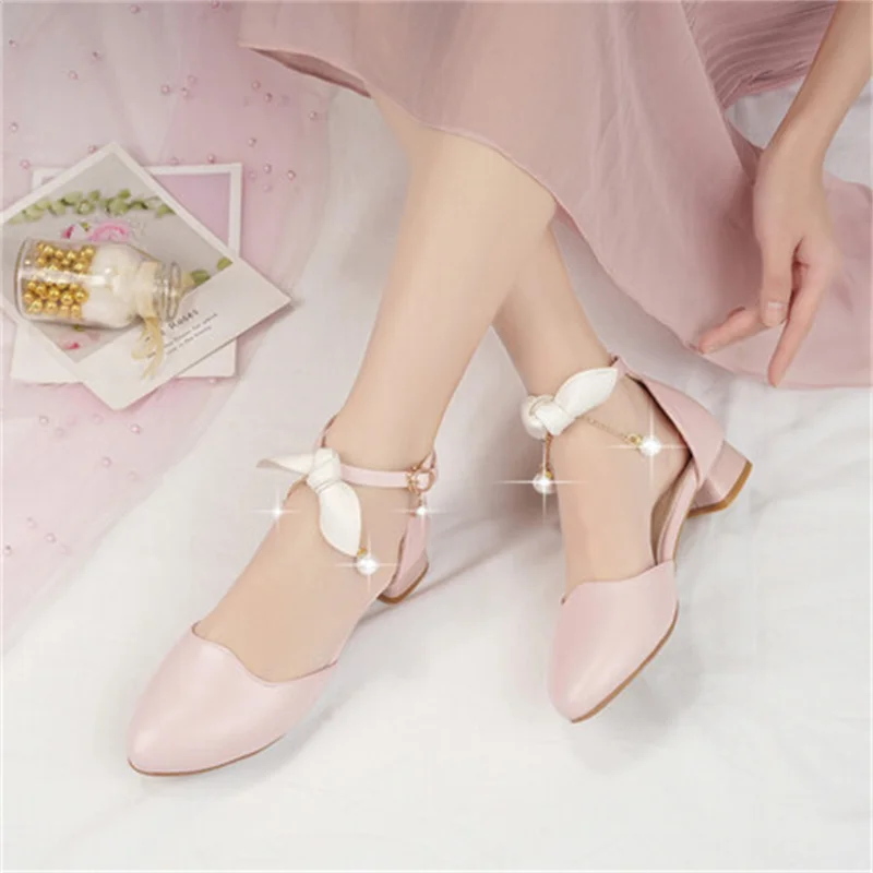 Summer Sweet String Bead Chain Princess Sandals 2024 Buckle Strap Cover Heel Low Heels White Pink Party Women Shoes Plus Size 43