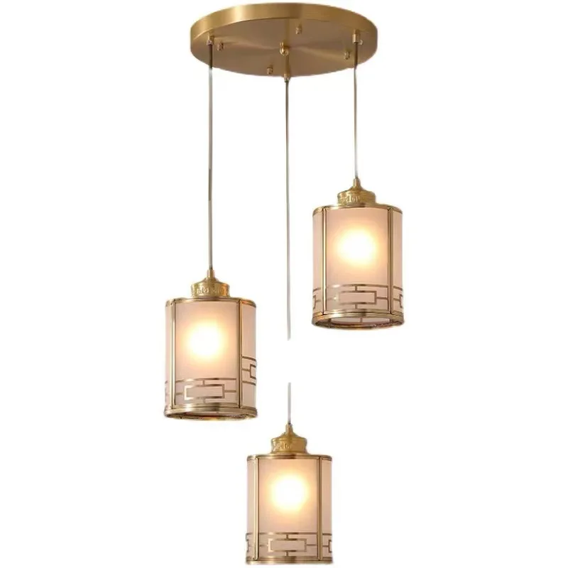 

Chinese style zen all copper stairwell long chandelier glass copper lamp simple restaurant