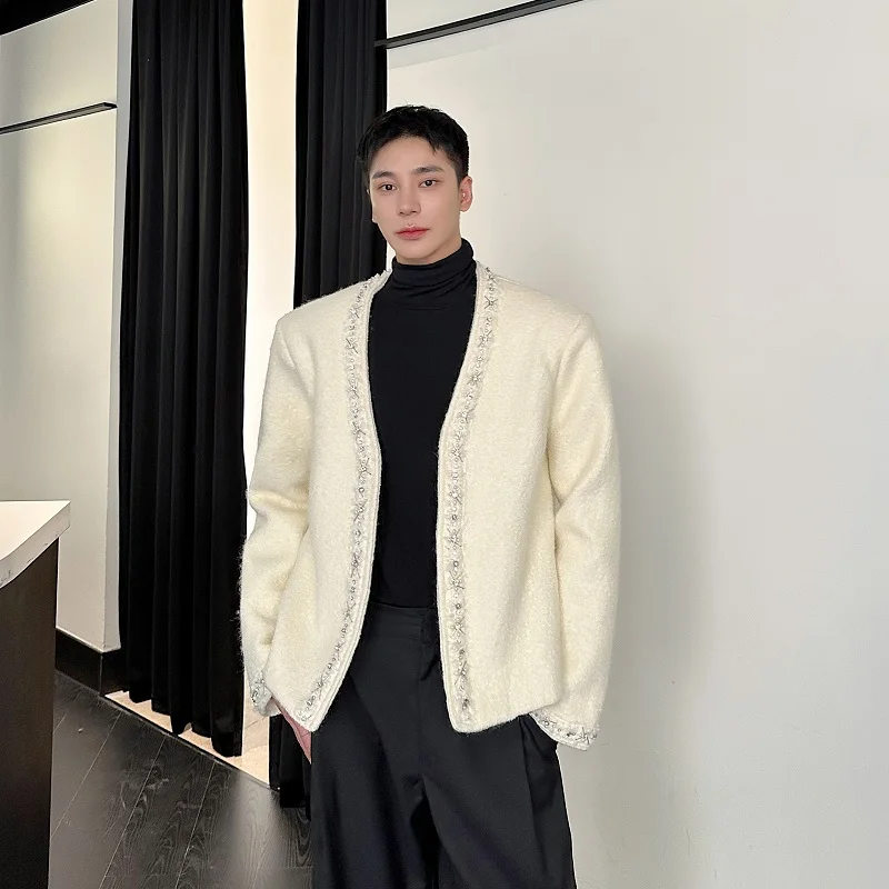 

Autumn Winter Handmade ort Pearl Design Woolen Jaet Luxury Cusized Korean Sle Youth Faion Big Coat for Men