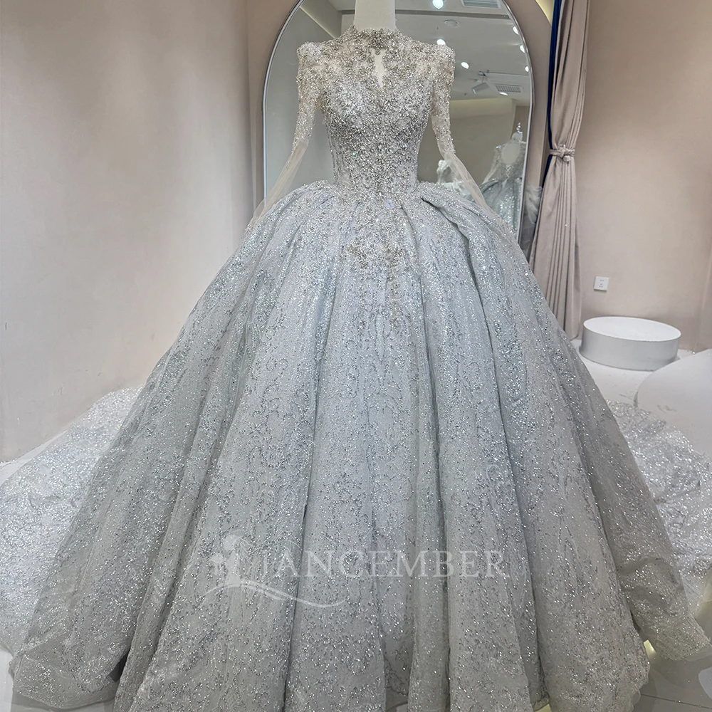 Organza Customzied Abito da ballo romantico Collo alto 2025 Abito da sposa Maniche lunghe Backless Corte dei treni Sposa abiti da sposa bod