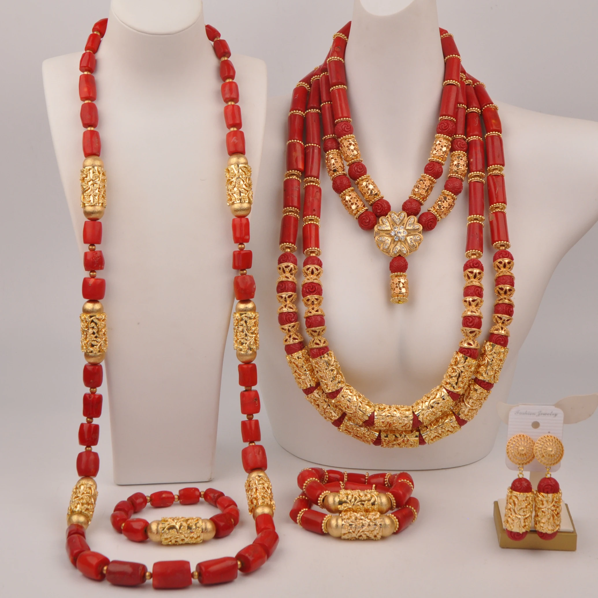 Nigerian wedding bead natural coral red necklace couple jewelry African bride wedding jewelry set SHXY-29