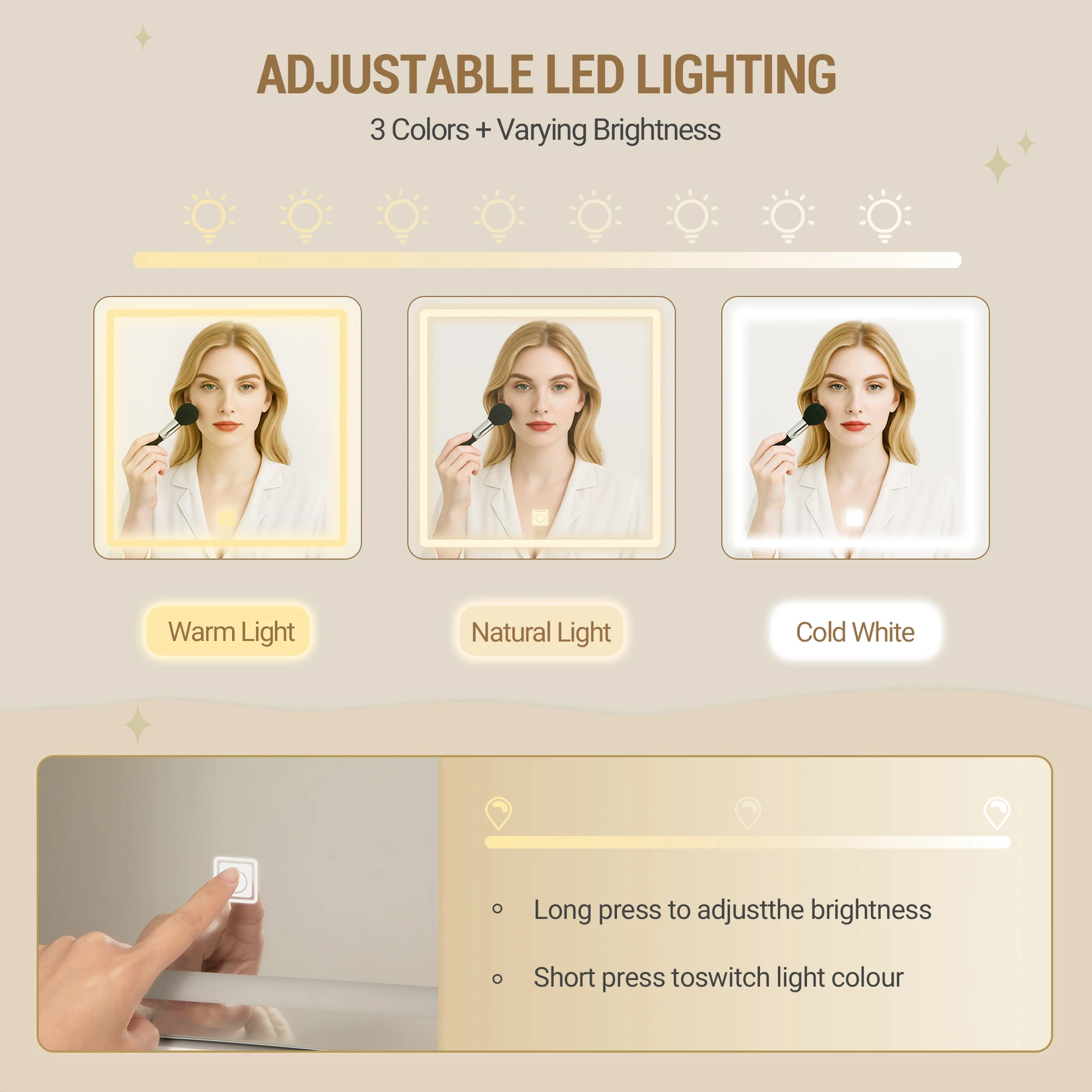 Grande coiffeuse avec éclairage LED, 3 couleurs, contrôle de la luminosité, avec miroir, 9 tiroirs, 9 étagères ouvertes, blanc et marron