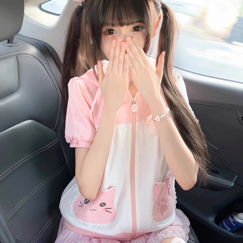 Original Summer Women's Clothing Cartoon Printing Pink White Splicing Bubble Sleeve Hooded Top Bow Sweet Versatile Female Coat