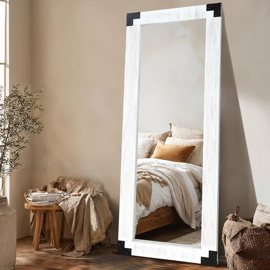 Cermin Panjang Ukuran 65x24 Inci dengan Bingkai Kayu dan Aksen Dekoratif Logam, Finishing Putih Rustic, Sempurna untuk Ruang Masuk atau Kamar Tidur