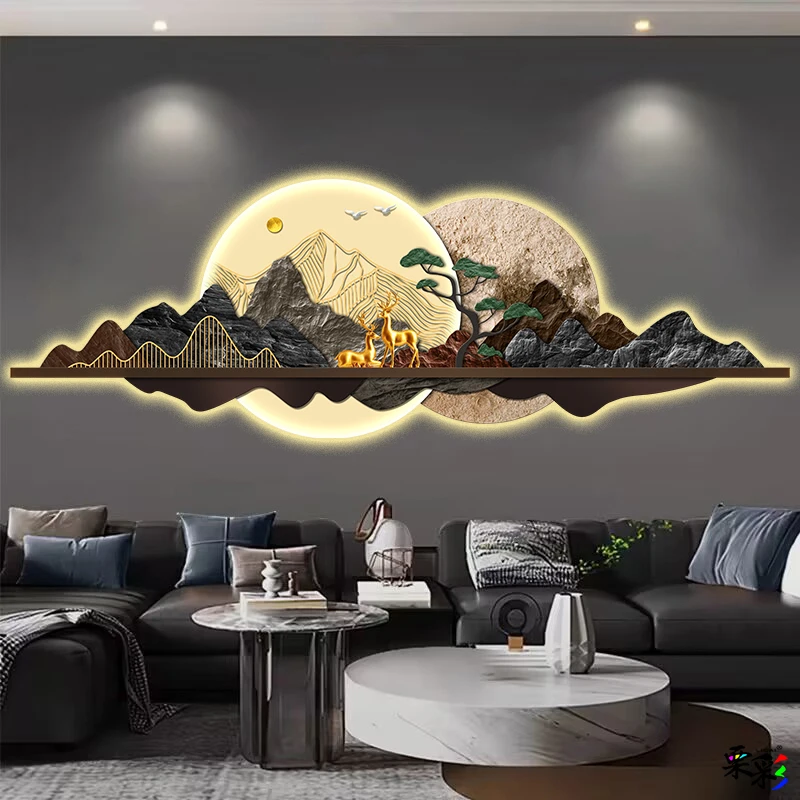 

New Chinese-style living room led illuminated lights, grand wall lamps, welcoming pine trees, sofa background wall lamps