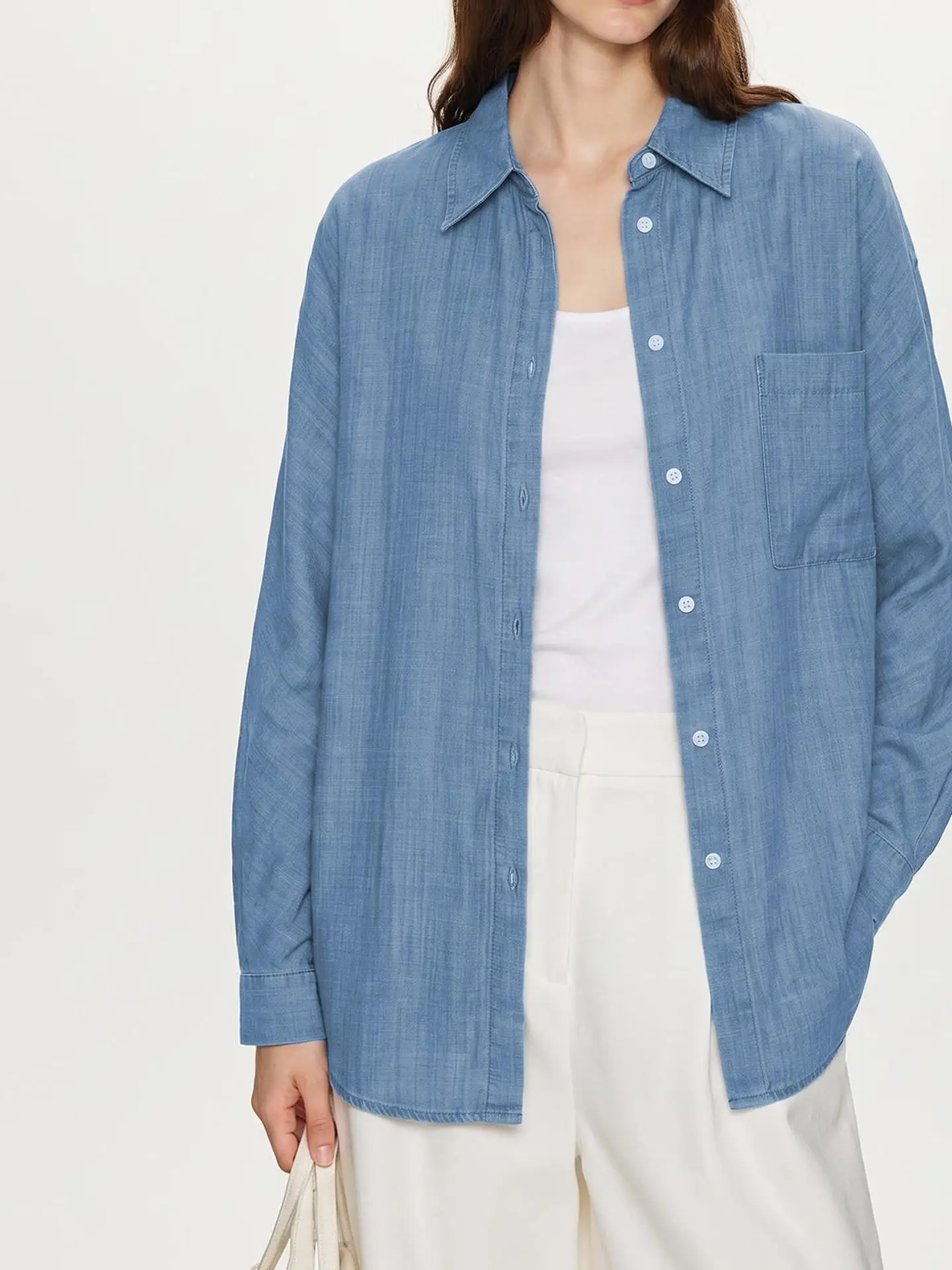 Basic House Silk Long Sleeve Denim Shirt Women Summer Thin Outerwear Sun Protection Open Cardigan Commute Style Loose Fit