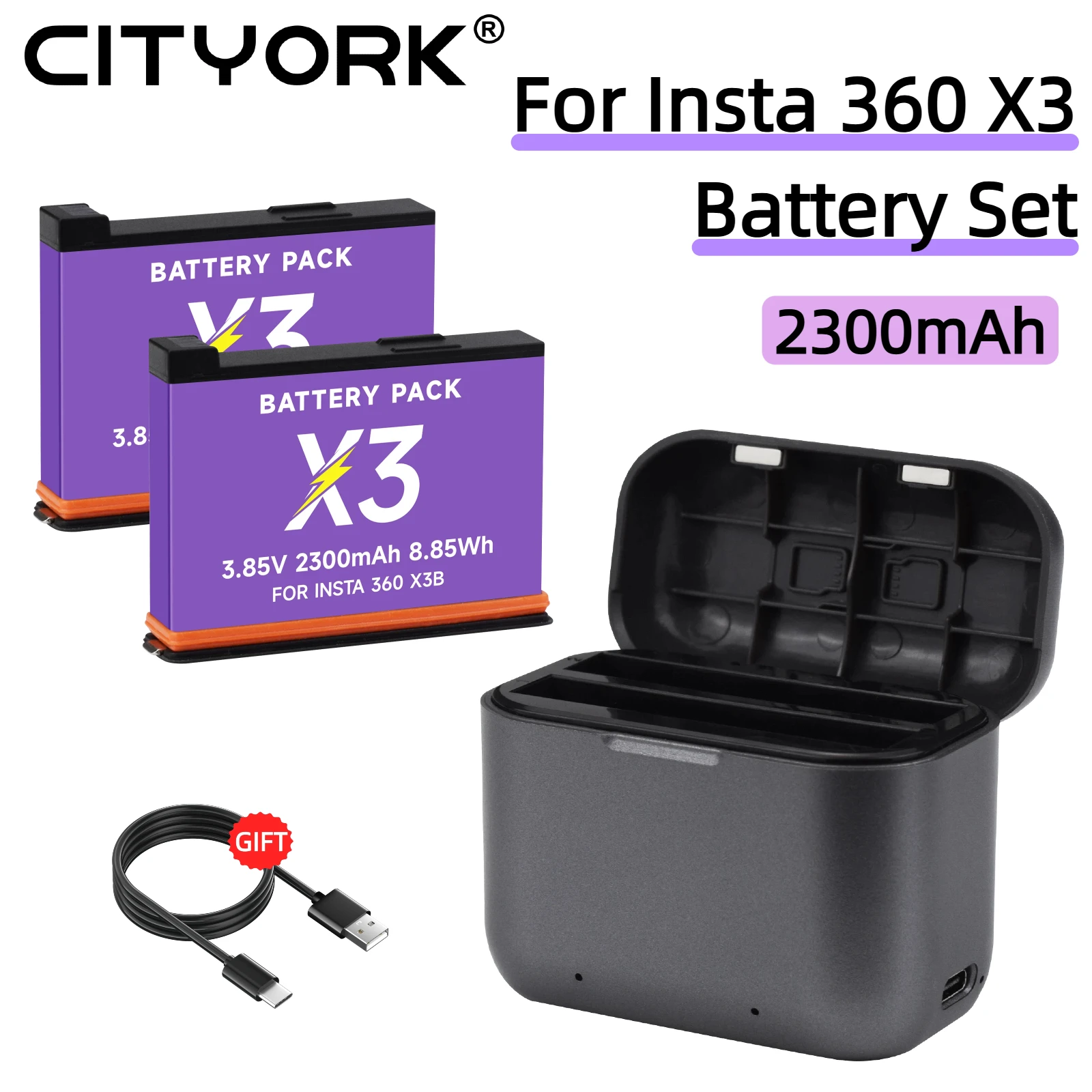 Für Insta 360 X3 Akku 3,85 V 2300 mAh Li-Ion-Akku + 2-Slot-LED-Ladegerät für Insta360 One X3 Akku