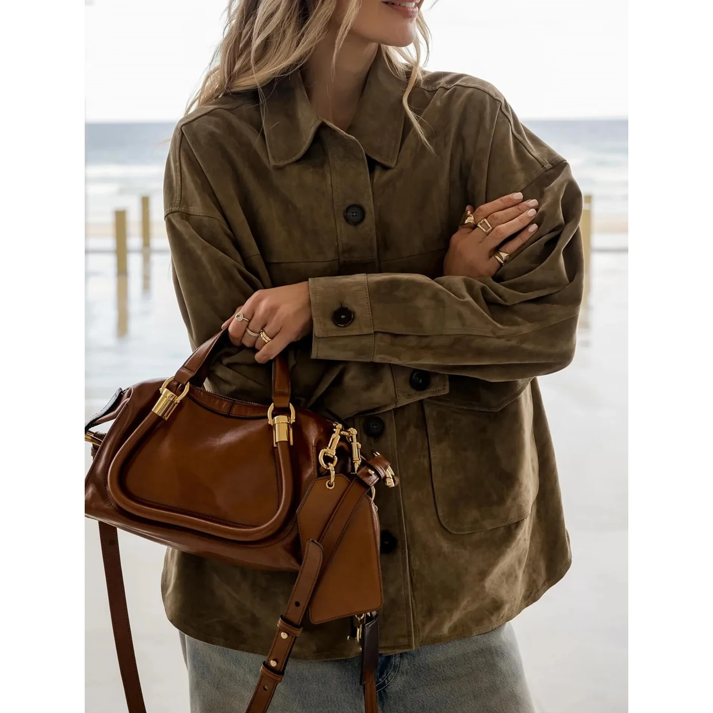 

Cool American Sle Women's Pilot Jaet Outerwear Long Sve Turn-down Collar Button-front Suede Leather New Autumn Arrival