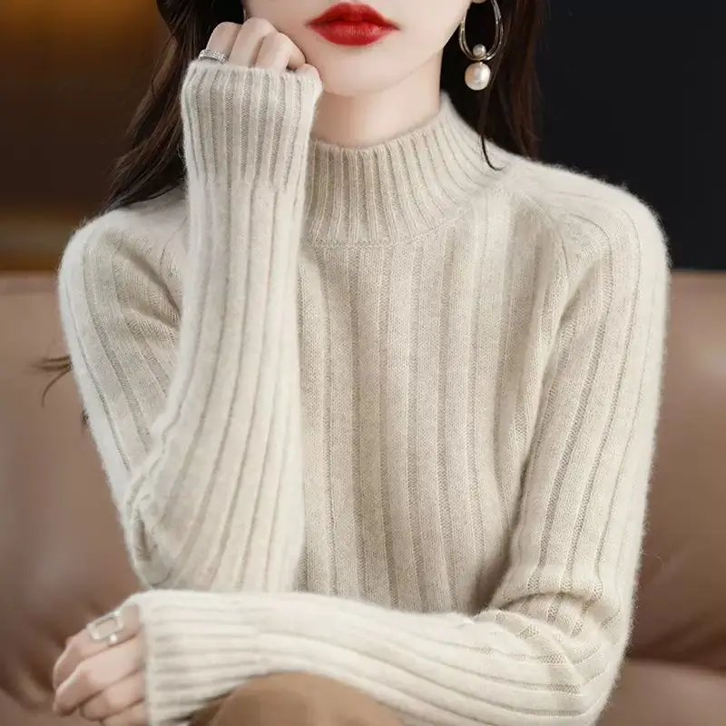 2023 Autumn and Winter New Elegant Versatile Commuter Women's Clothing Half High Collar Long Sleeve Solid Color Casual Sweater