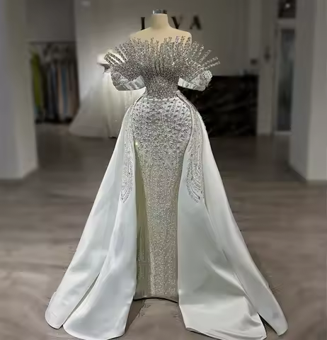 Sparkle White Beaded Off Shoulder Cocktail Dresses Dubai Crystals Wedding Party Gowns Customized Evening Dress With Overskirt