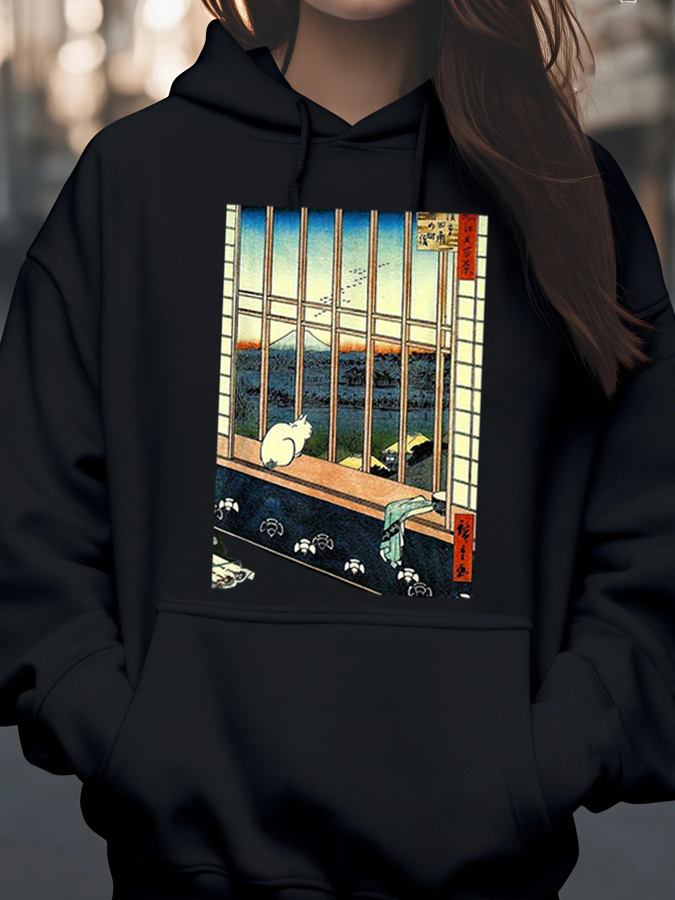 

Толстовка с принтом кошачьей окна и сцены, осенняя повседневная одежда для женщин