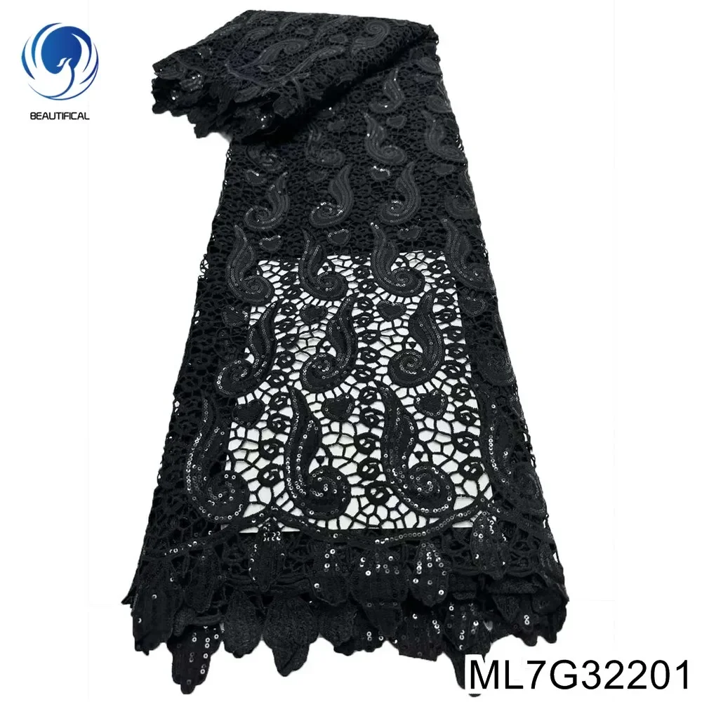 

Black Series Noble Temperament， Nigerian Guipure Water Soluble Cord Lace ，High Quality Sequins Fabric Evening Dress， ML7G322