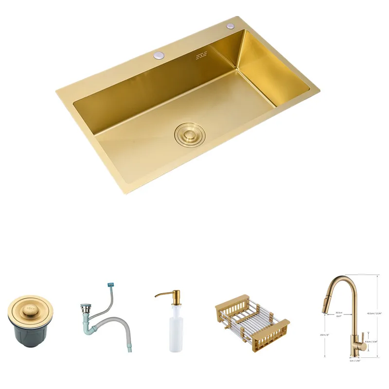 

68x45cm Above Counter Gold Kitchen Sinks Vegetable Washing Basin Sinks 304 Stainless Steel Handmade Single Bowl with Faucet